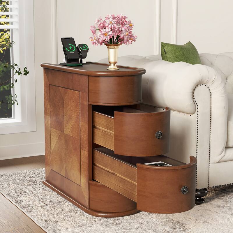 End Table Nightstand with Charging Station, Sofa Side Table Lamp Table Corner Table File Cabinet with 3 Drawers