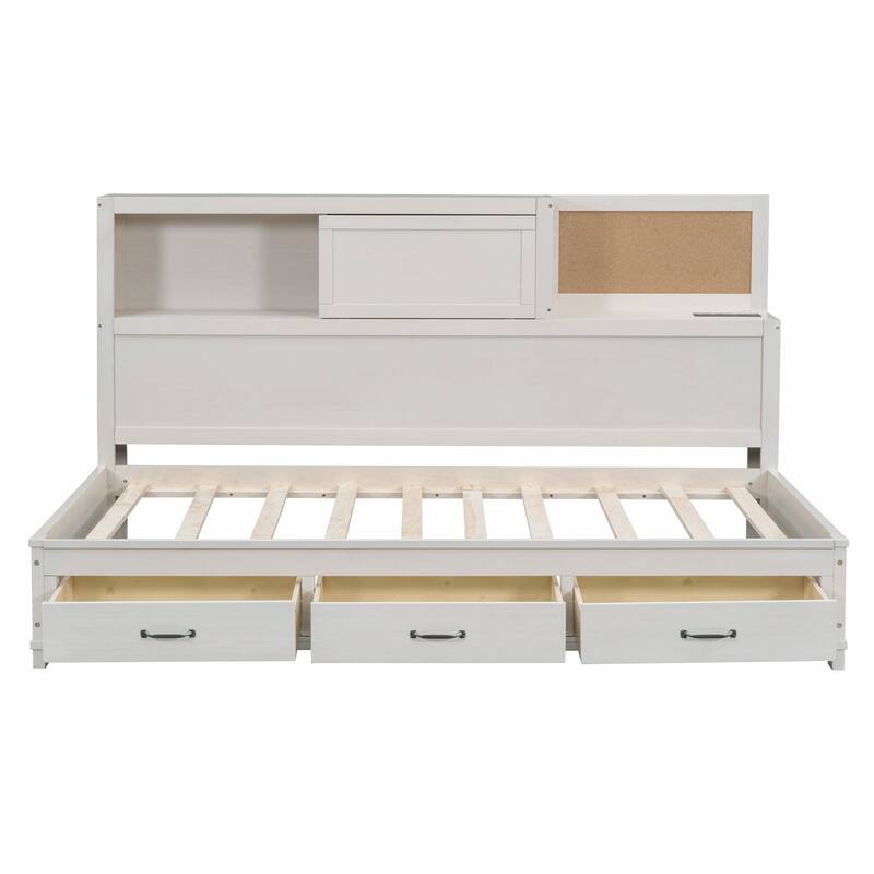 Wooden Daybed with Storage Drawers, Soft Board, Shelf, Sockets, USB Ports