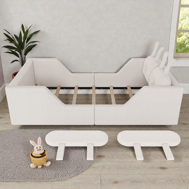 Twin Size Upholstered Floor Bed for Kids with Removable Side Rails, Soft Teddy Fabric Platform Bed