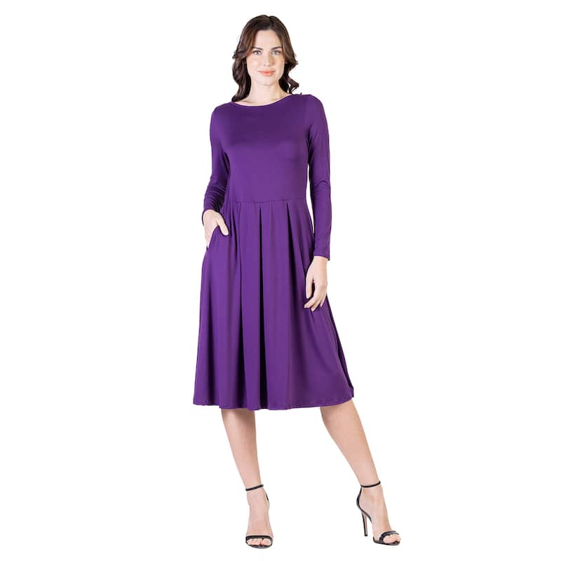 24seven Comfort Apparel Midi Length Fit N Flare Pocket Dress - Purple - L