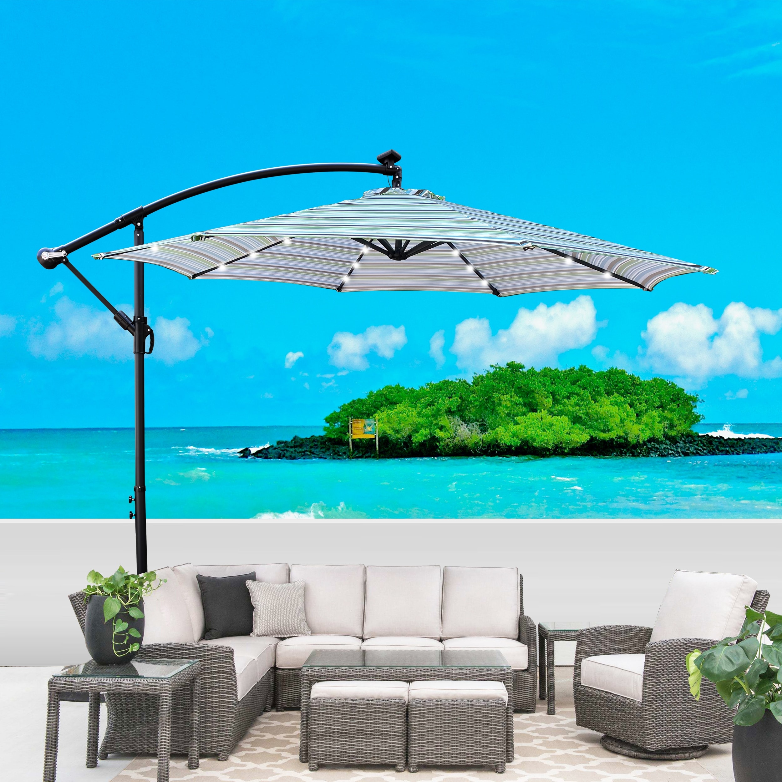 10 ft Outdoor Patio Umbrella Solar Powered LED Lighted Sun Shade Market  Waterproof 8 Ribs Umbrella with Crank and Cross Base - On Sale - Bed Bath u0026  Beyond - 37127734