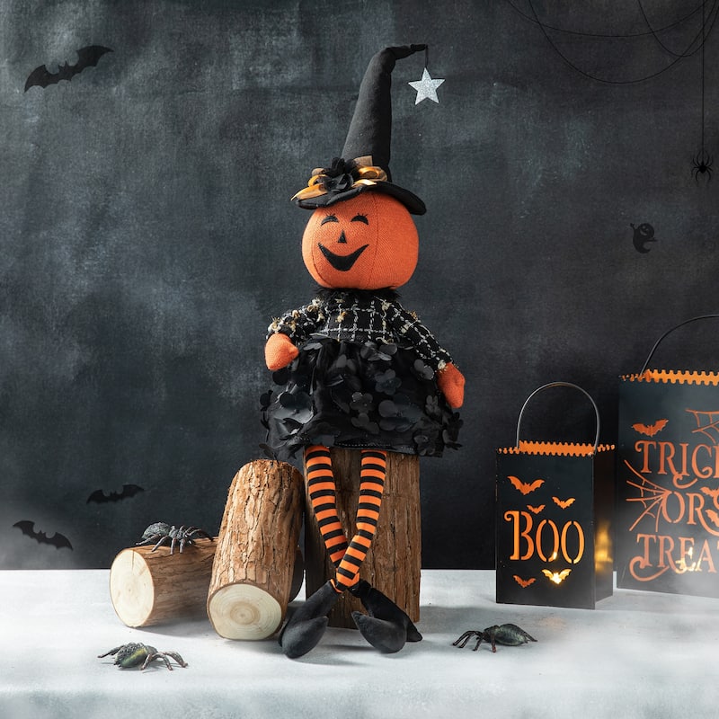 Glitzhome 29"H Halloween Fabric Dressed Witch or Pumpkin Sitter Decor
