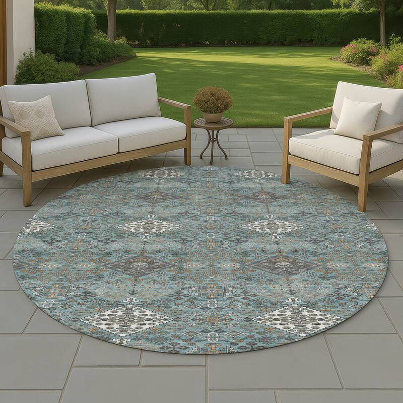 Machine Washable Indoor/ Outdoor Global Flory Chantille Rug - Teal - 8' x 8'