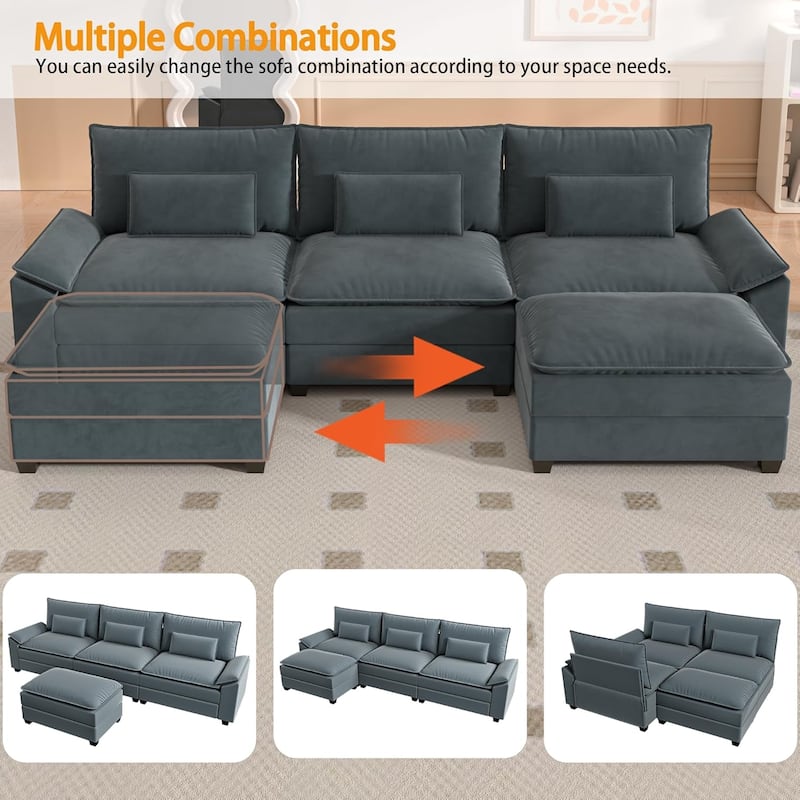 Kullavik Cloud Chenille L-Shaped Sofa, Modular Sectional Sofa with Ottoman, Throw Pillows and Double Layered Cushion