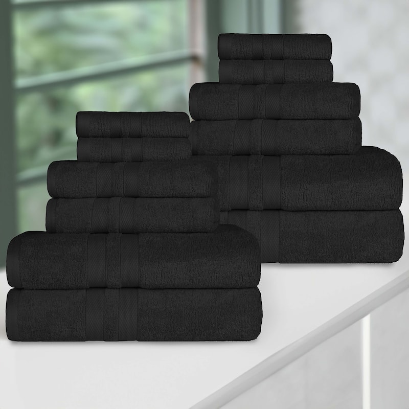 Superior Ultra-Soft Cotton Solid Quick-Drying 12 Piece Towel Set - Black