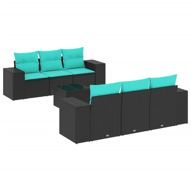 vidaXL 7 Piece Patio Sofa Set with Cushions Black Poly Rattan - 21.7" x 24.4" x 27.2"