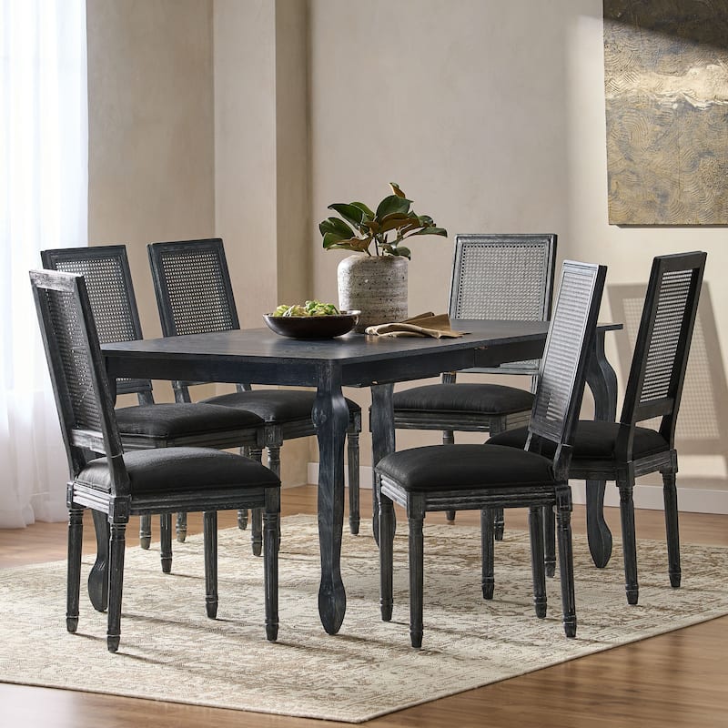 Regan Wood and Cane Upholstered Expandable 7 Piece Dining Set by Christopher Knight Home - Gray/Black