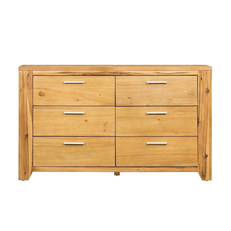 6-Drawer Solid Wood Double Dresser with Metal Handle for Bedroom, Living Room - Natural Wood+Brown