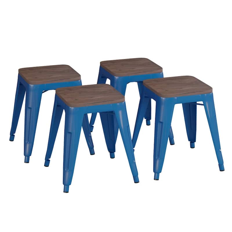 Set of 4 18" Table Height Indoor Stackable Metal Stool with Wood Seat