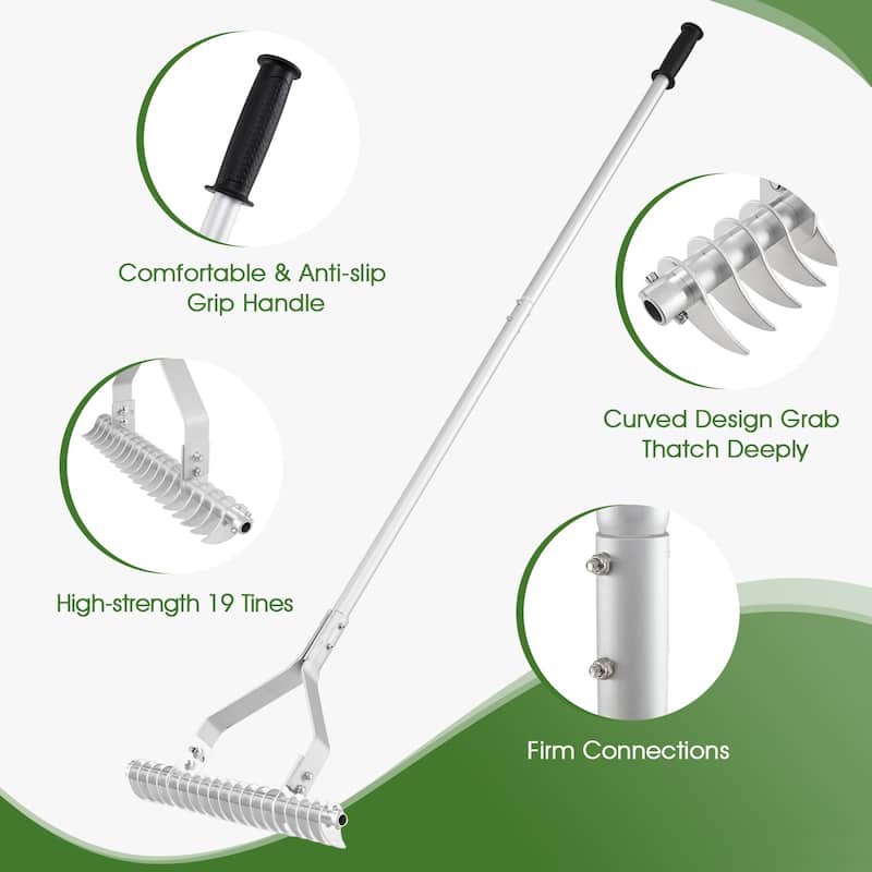 20 Inches Wide Aluminum Lawn Loosening Soil Rake with Long Handle and 19 Curved Tines - Multi