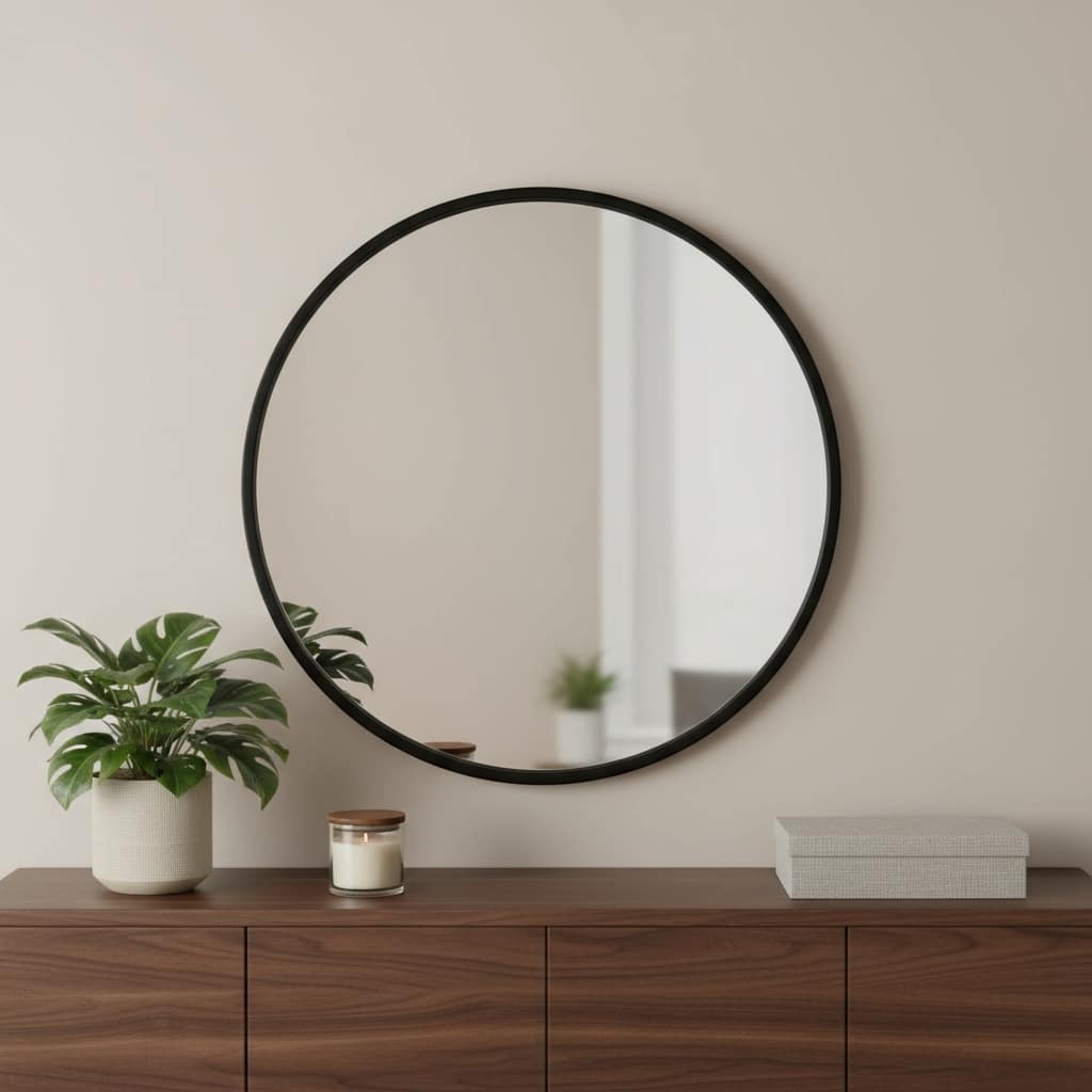 HomeRoots 31" Black Metal Round Framed Accent Mirror - 31.00 in. x 31.00 in. x 1.10 in.