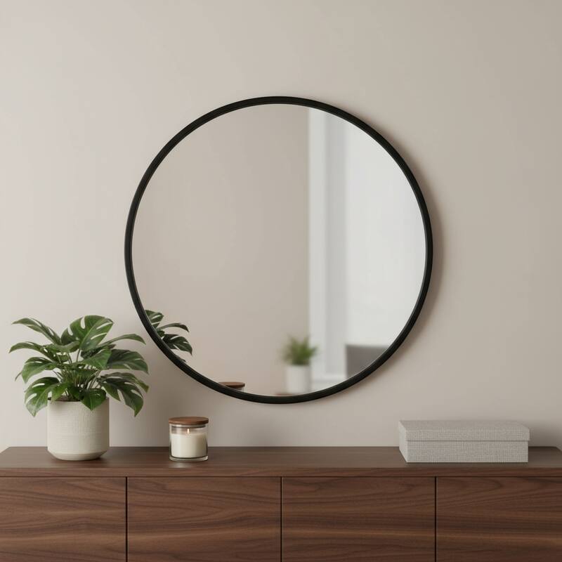 HomeRoots 31" Black Metal Round Framed Accent Mirror - 31.00 in. x 31.00 in. x 1.10 in. - 31.00 in. x 31.00 in. x 1.10 in.