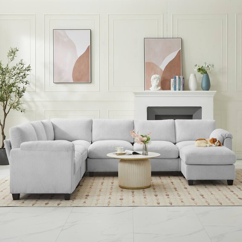 Corduroy Corner Sectional Sofas with a Removable Ottoman, L-shaped Reversible 7-seat Modular Couch