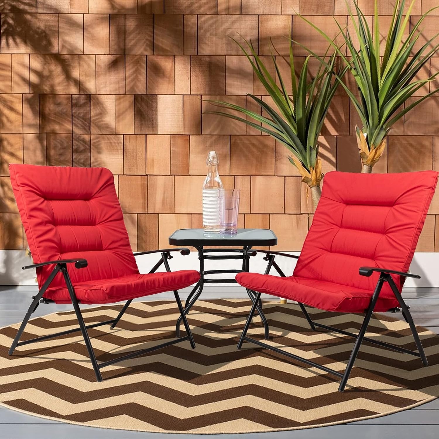 SUNCROWN 3 Piece Outdoor Patio Padded Folding Chairs Bistro Set