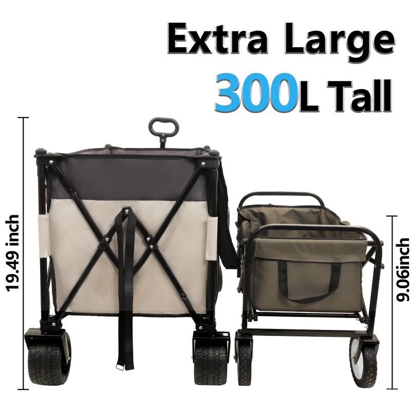 Extra Large 300L Tall Folding Wagon - 480lb Capacity with Brakes, Pockets & Drink Holders, Khaki & Gray