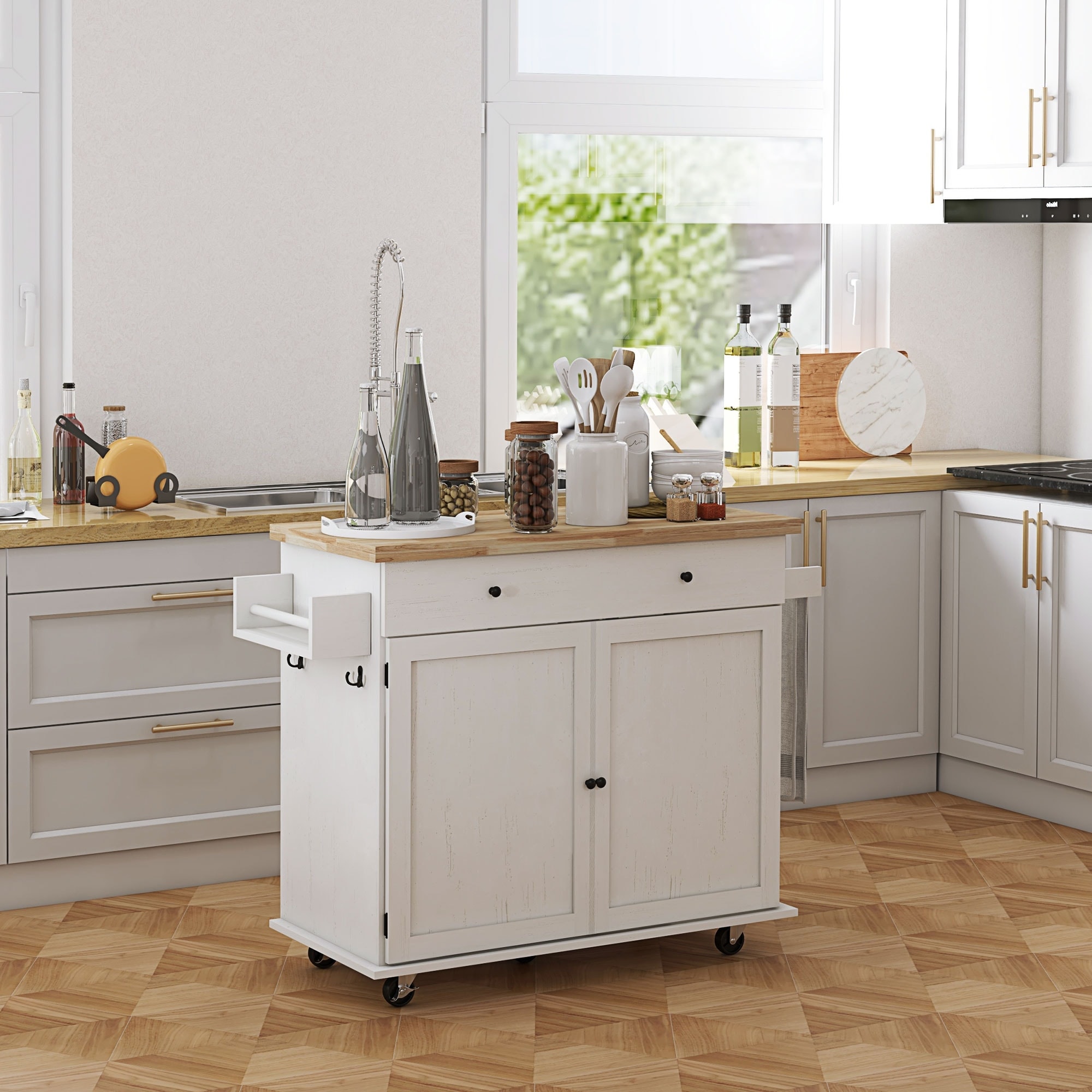 HOMCOM Kitchen Island with Storage, Farmhouse Rolling Kitchen Island Cart on Wheels with Drawer, 2 Cabinets, Rubberwood Top