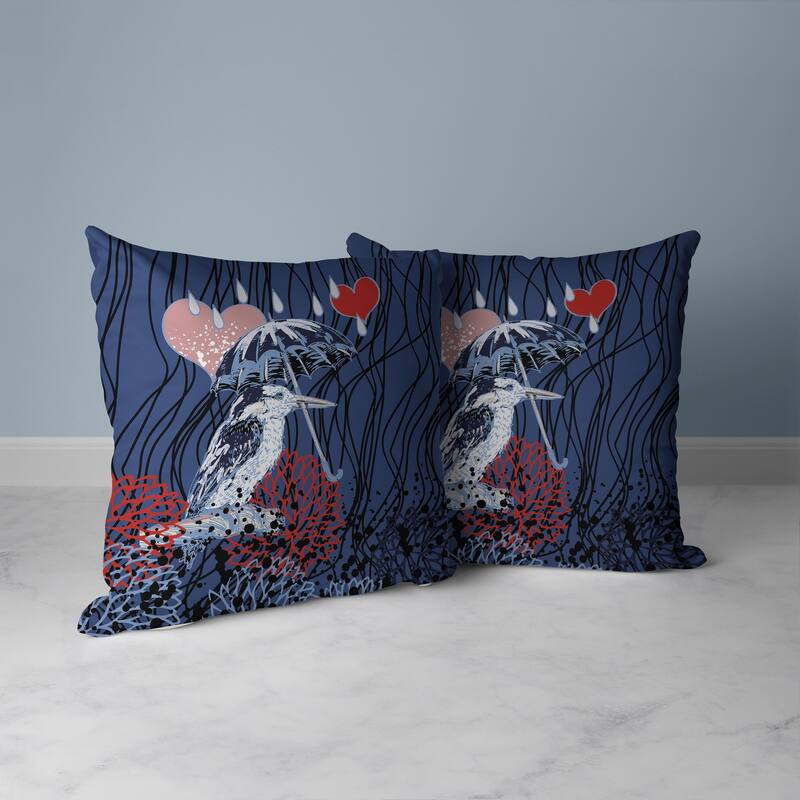 Bird with Umbrella Faux Suede Reversible Throw Pillow Blue and Red