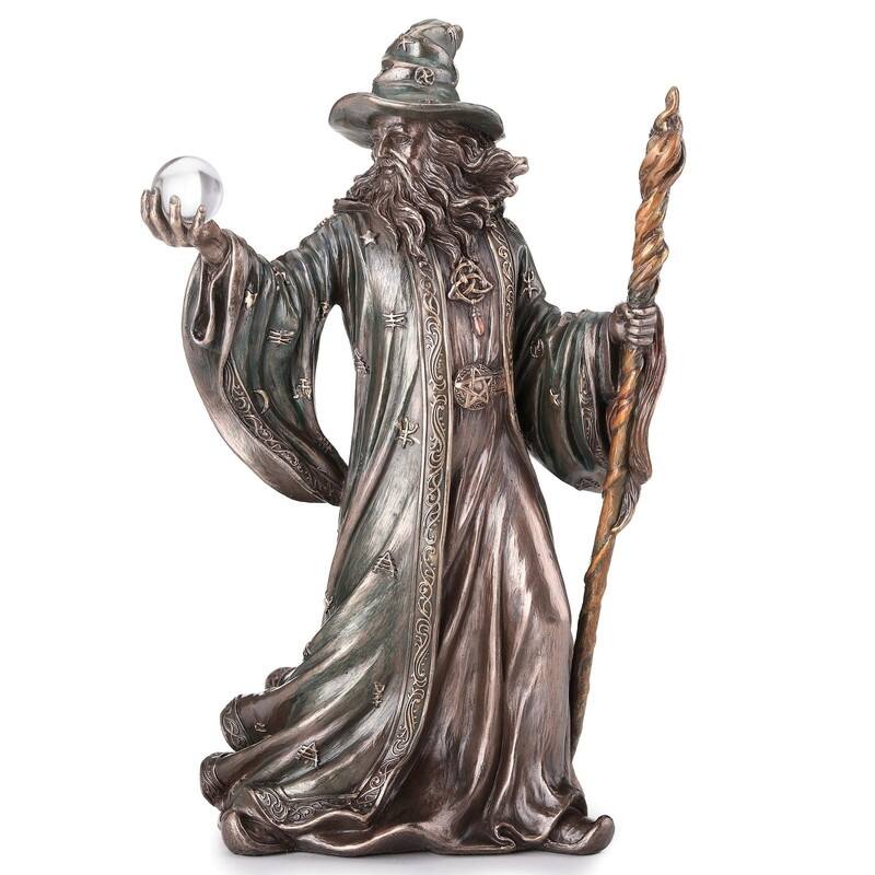8.07 inches Height Cold Cast Bronze Wizard Holding Crystal Ball and Staff Bronze Finish Figurine