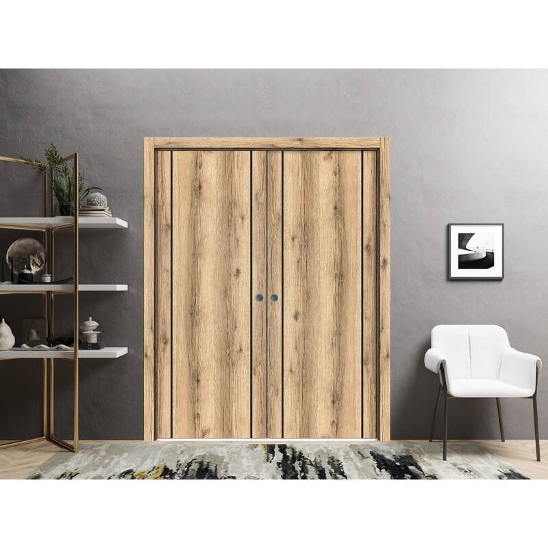 French Double Pocket Doors 36 x 80 Planum 0017 Oak with Kit Trims Rail