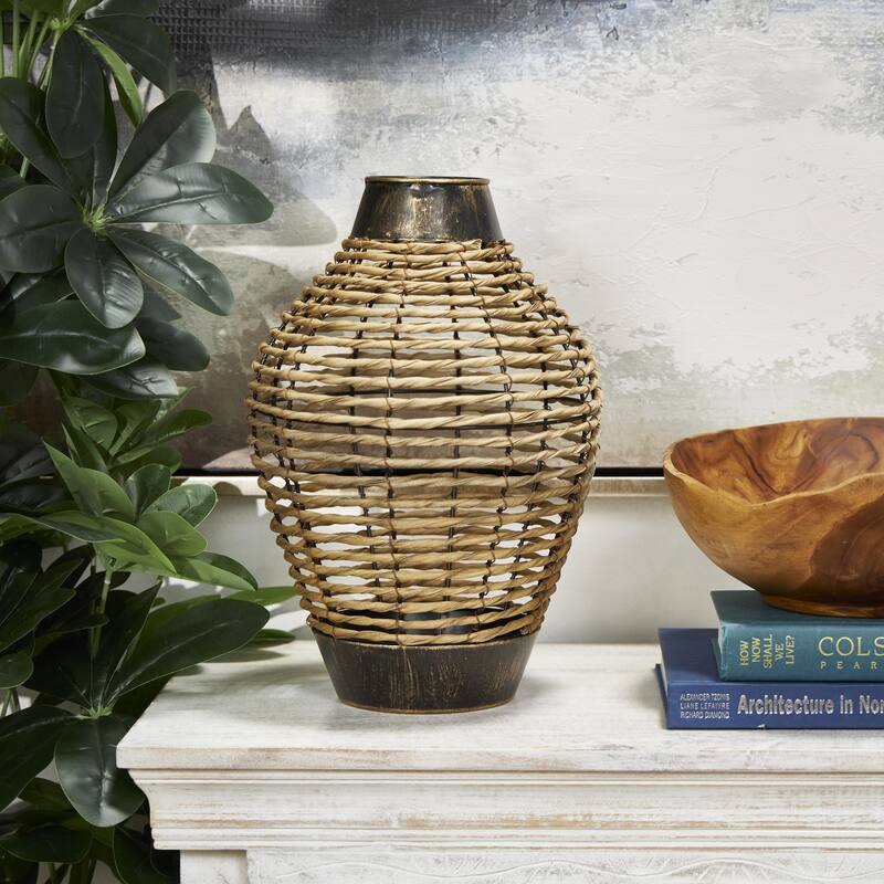 Plastic Rattan Handmade Twisted Decorative Vase with Open Frame Design and Bronze Metal Details - Bronze - Roche River Decor