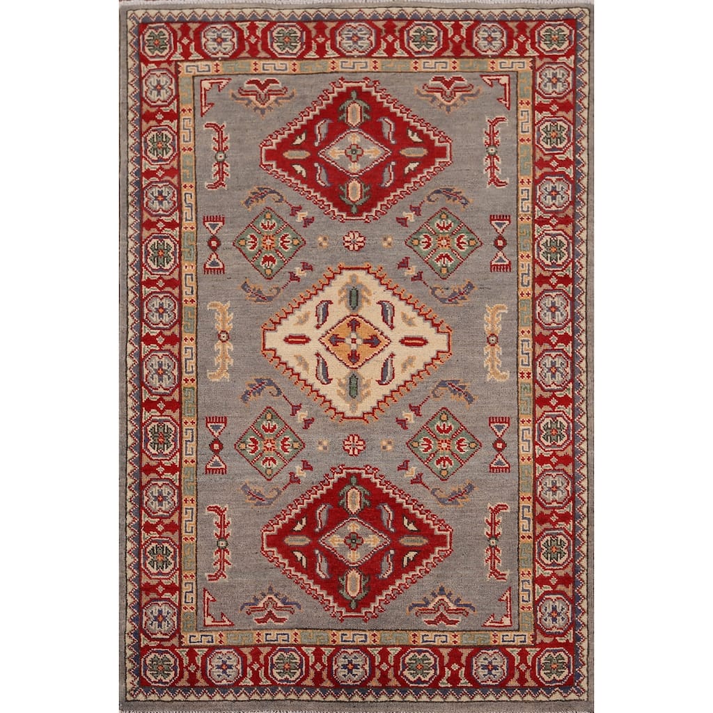 Geometric Kazak Oriental Accent Rug Handmade Entryway Wool Carpet - 3'3" x 4'11"