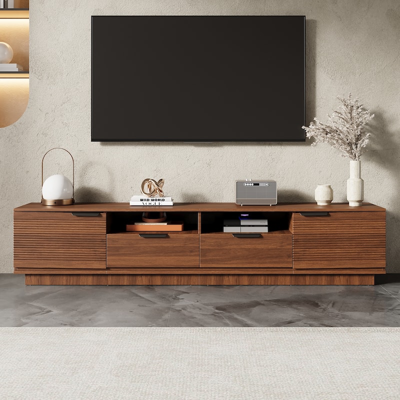 Roomfitters 78 Inch Modern TV Stand for TVs up to 85 Inch, Media Console with Deep Storage Drawer & Soft-Closing Hinges, Walnut