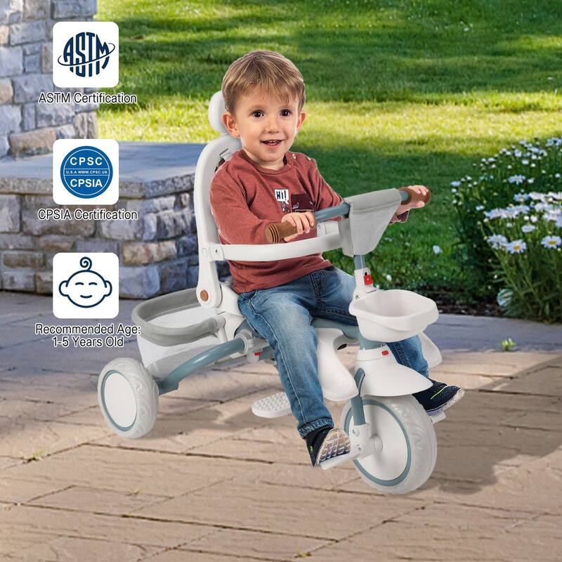 Baby Tricycle, 7 in 1 Folding Toddler Bike w/Removable Adjustable Push Handle