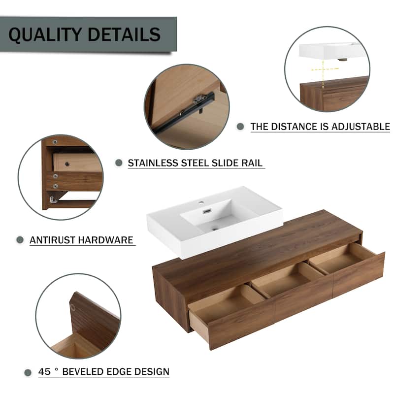 GDFStudio - Amelia 60" Wall-Mounted Bathroom Vanity with Resin Sink and Soft-Close Drawers, Brown Ebony Finish