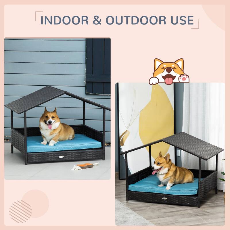 Wicker Dog House Outdoor with Canopy, Rattan Dog Bed with Water-resistant Cushion, for Small and Medium Dogs