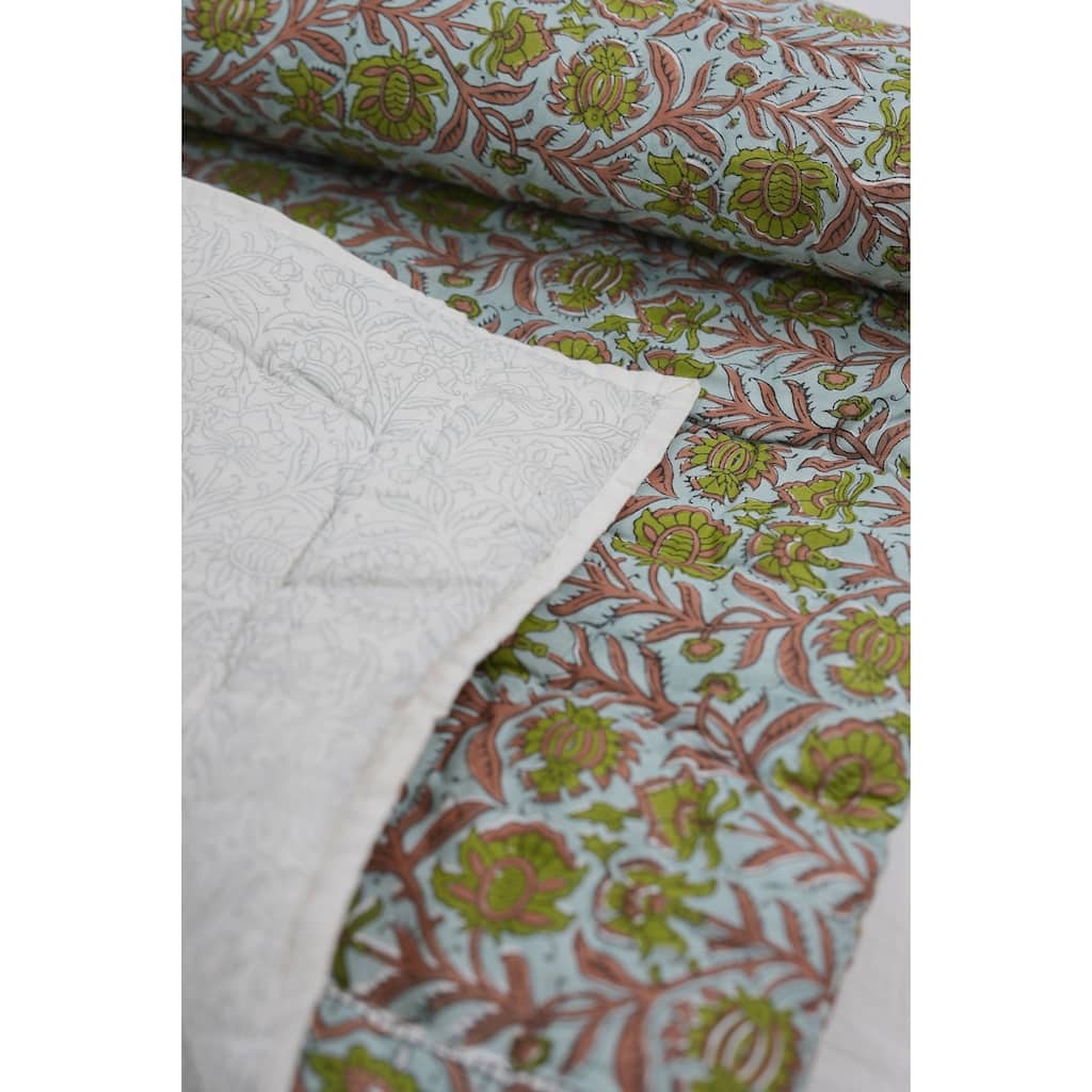 Fabdivine Hand Block Print Eco-Friendly Cotton Quilt Jaipuri Jaal Green Brown, Decorative Cotton Bedspread for Home & Bedroom