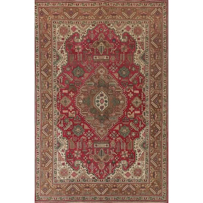 Geometric Pink Tabriz Persian Vintage Rug Hand-Knotted Wool Carpet - 6'7"x 9'9"