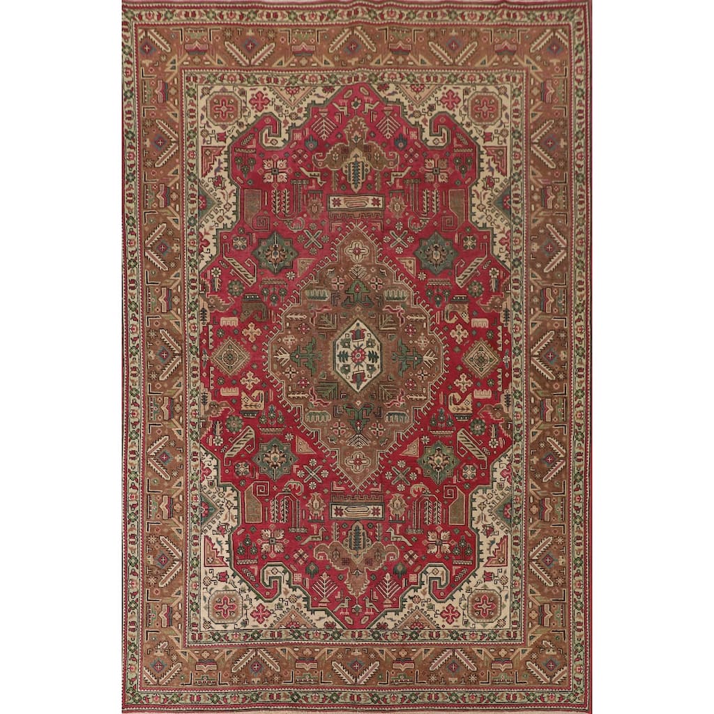 Geometric Pink Tabriz Persian Vintage Rug Hand-Knotted Wool Carpet - 6'7"x 9'9"