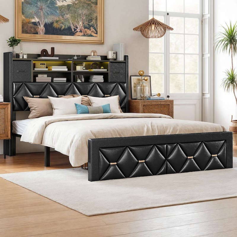Black Farmhouse Bed Frame Upholstered Headboard Platform Bed with Charging Station