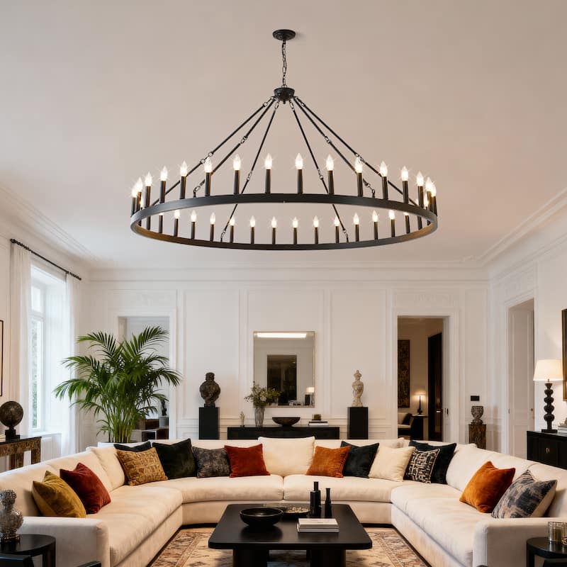 63.8 INCH 36-Light Extra Large Wagon Wheel Chandelier, Black Farmhouse Round Wheel Chandelier Light Fixtures E12