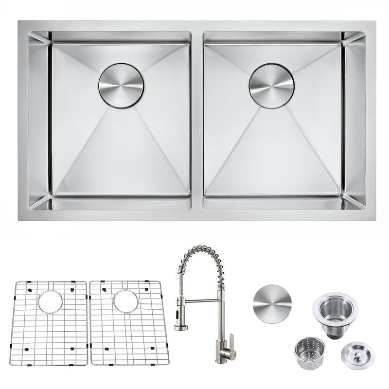 Stainless Steel Kitchen Sink Undermount 50-50 Double Bowl with Kitchen Faucet - 32*18*9
