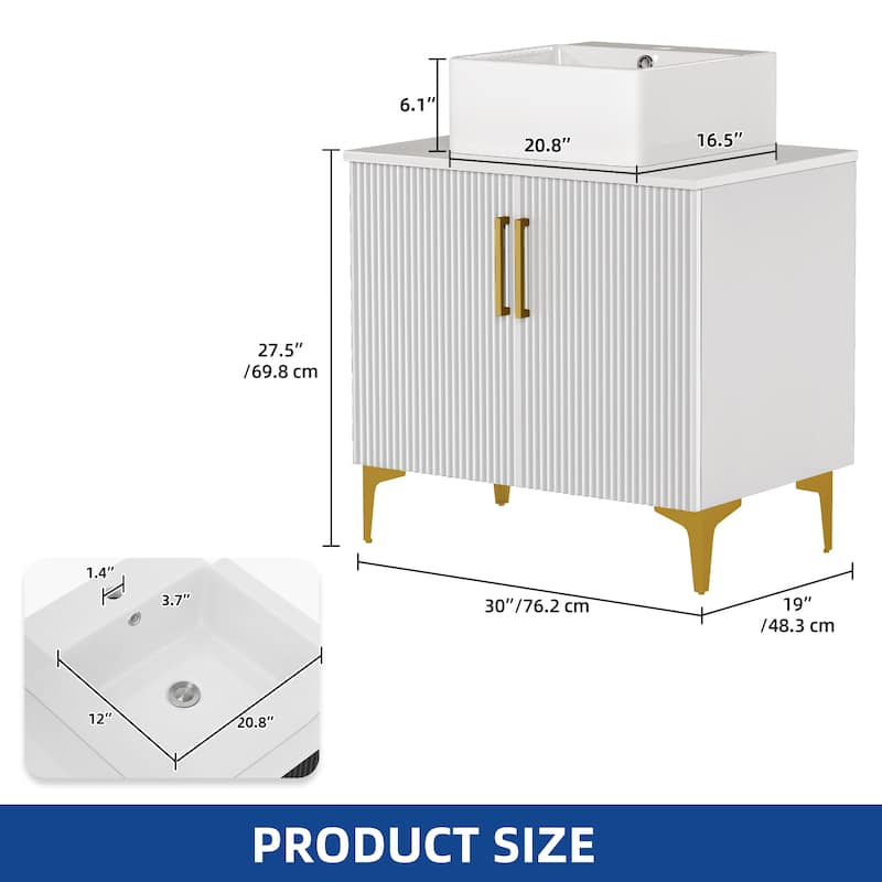 Freestanding Bathroom Vanity with White Stone Top Soft Close Doors and Gold Accents - White - 30 Inch