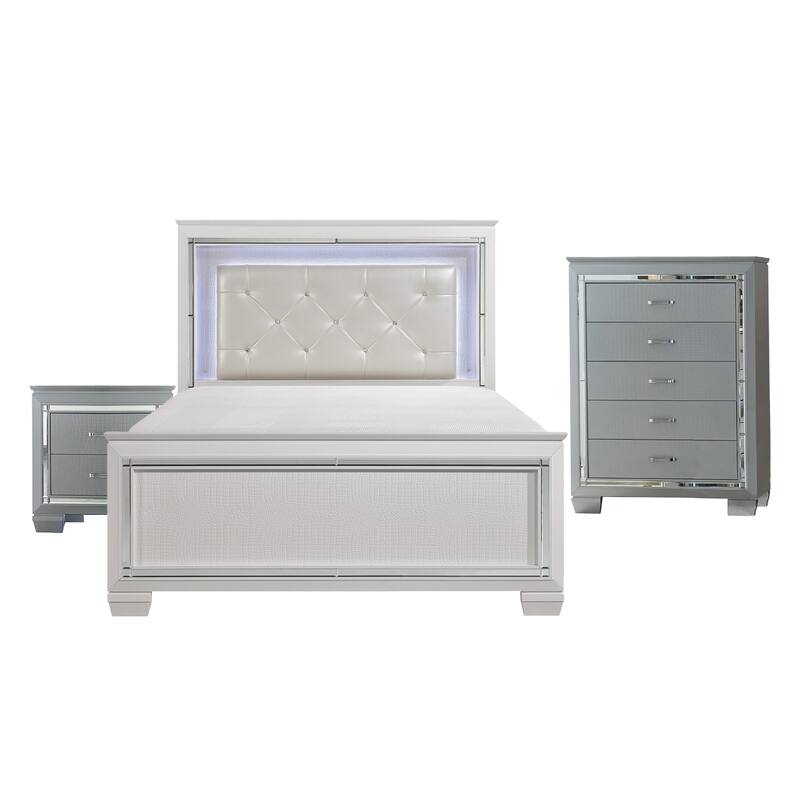 Alen 3 Pc Full Size Bedroom Set, Button Tufting, Mirror Trim, Black