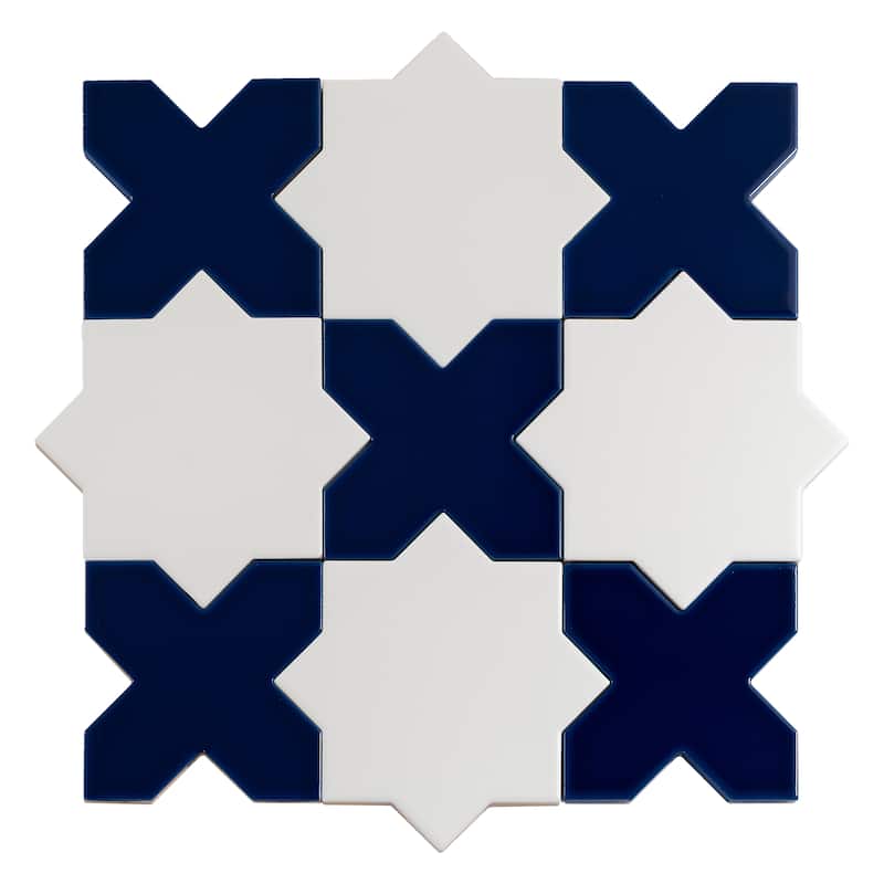 Siena 5" Star with Cross Glossy Ceramic Wall and Floor Tile (10.76 sq ft/case) - 54 Pack - Cobalt Blue, Pearl White