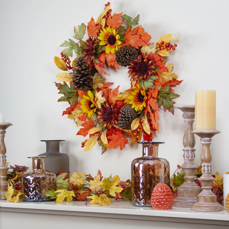 Sunflower Pine Cone Artificial Thanksgiving Wreath - 24-Inch, Unlit