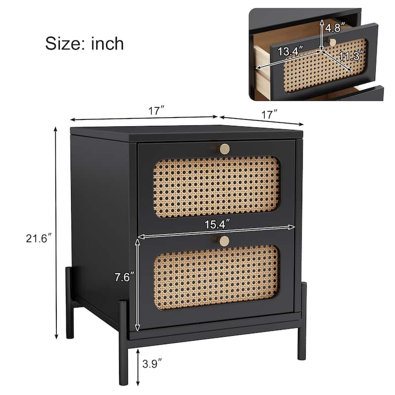 Modern Cannage Rattan Wood Closet 2-Drawer Side Table End Table Nightstand