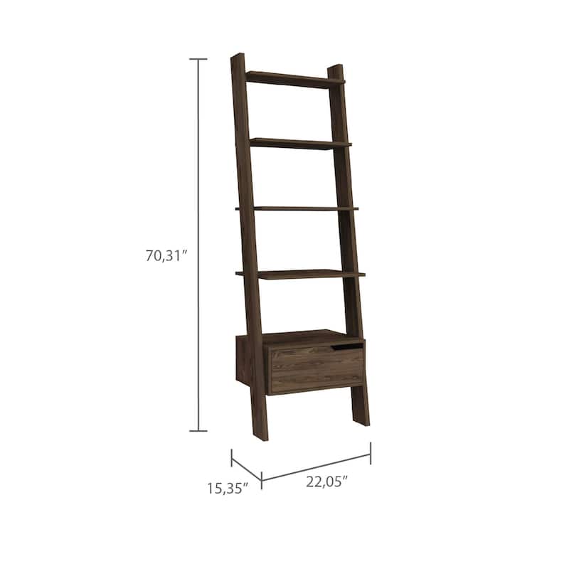 FM Furniture Hamburg Ladder Bookcase, Five Open Shelves, and One Drawer
