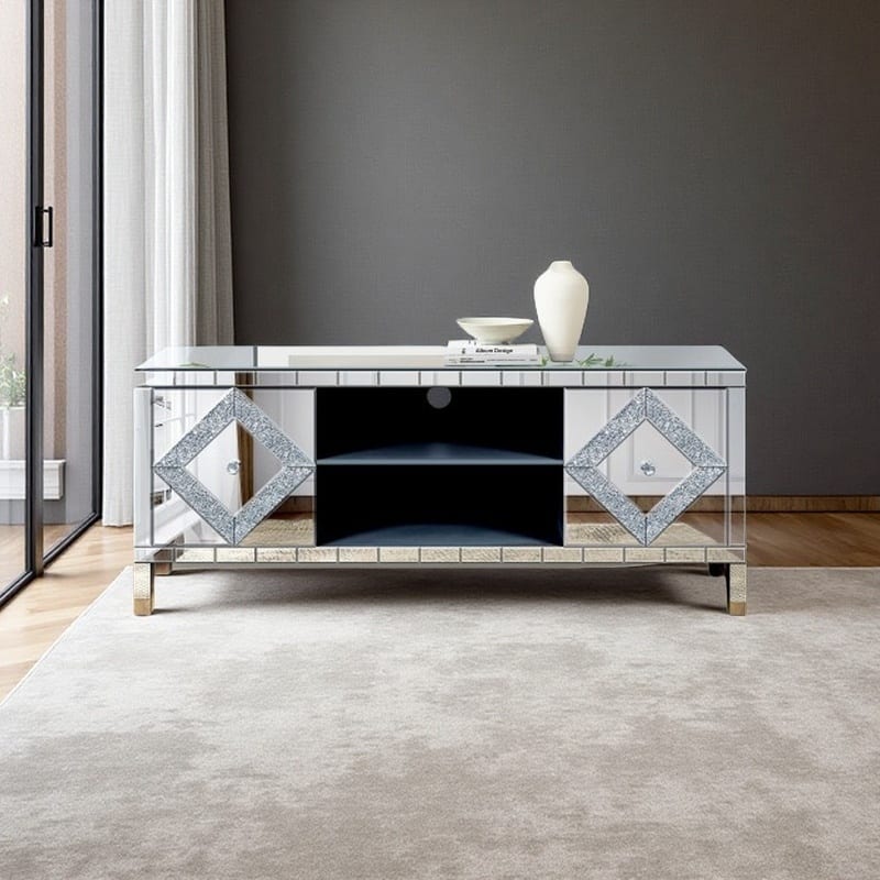 47" Mirrored TV Stand with Diamond Glass Cabinet Doors, TVs up to 50", Open Shelf Storage and Cable Management