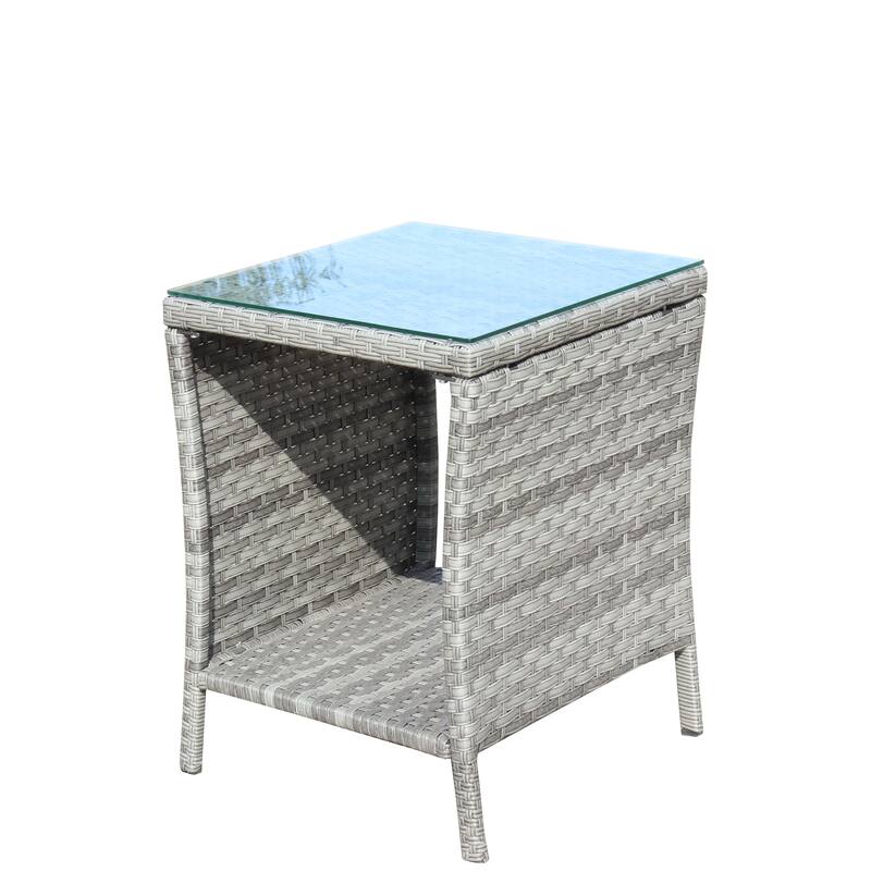 Anmytek Gray Rattan Side Table with Tempered Glass Top Indoor Outdoor Wicker Patio Table Double Tier Storage - 19.25*19.25