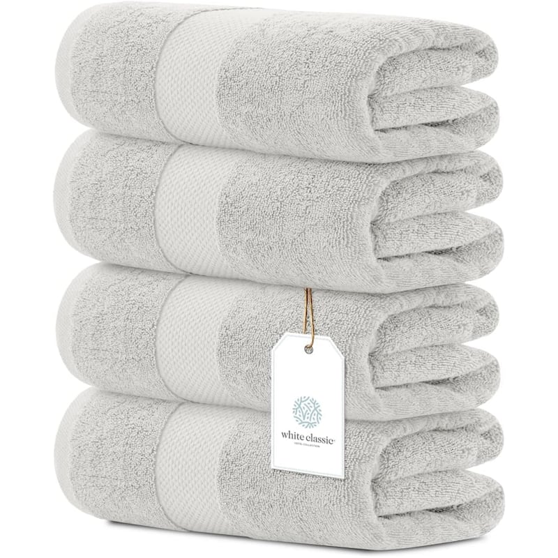 White Classic Luxury Cotton Bath Towel 27x54 - Set of 4 - Silver