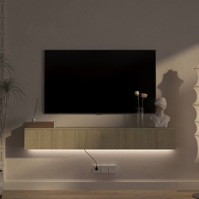 65" Floating TV Stand Wall Mounted with 16 Color LEDs, Modern Fluted TV Stand Entertainment Center for TVs Up to 65"