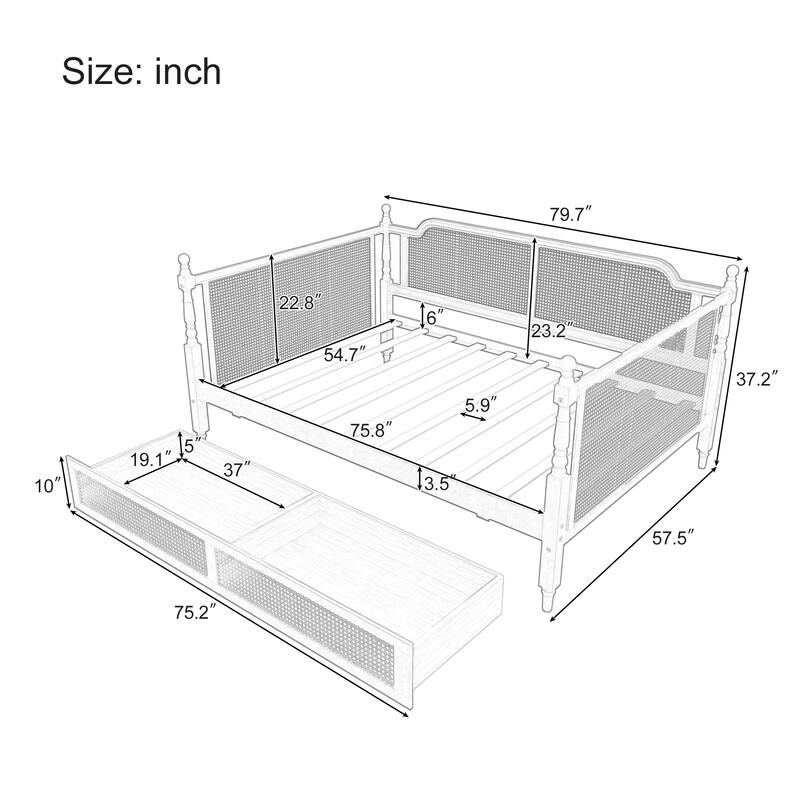 Rattan Frame Daybed with Pull-out Storage Drawers Bookcase Bed - Wooden Sofa Bed with Trundle Bed Platform Bedframe - Open Bed