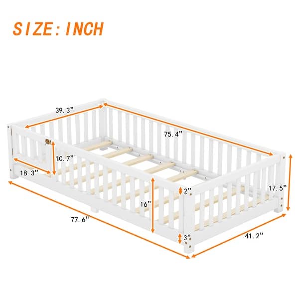 dimension image slide 2 of 8, Pine Wood Floor Bed with Safety Guardrails and Door for Kids, Boys, Girls, Bedroom