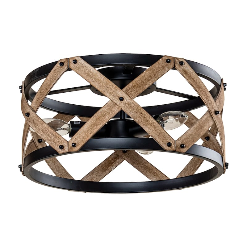 Farmhouse Distressed Wood Drum Flush Mount Light - 14.96 inches