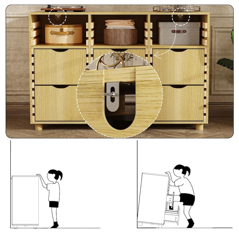 Buffet Sideboard 6-Drawer Wood Storage Cabinet with Adjustable Shelves, Solid Slat Panels