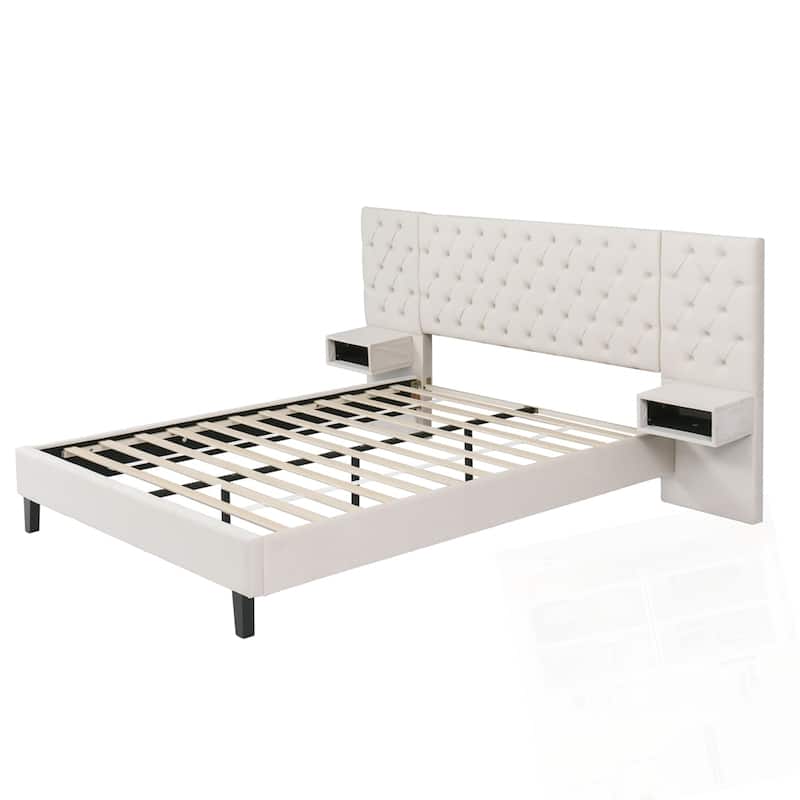 Modern Velvet Upholstered Platform Bed with 2 Nightstands